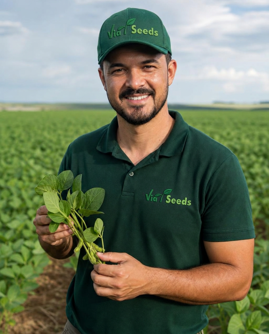 Consultor técnico da Via Seeds avaliando plantas de soja em lavoura