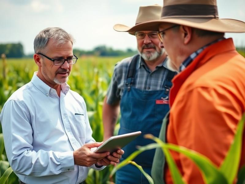 Agrônomo orientando produtores em lavoura de milho