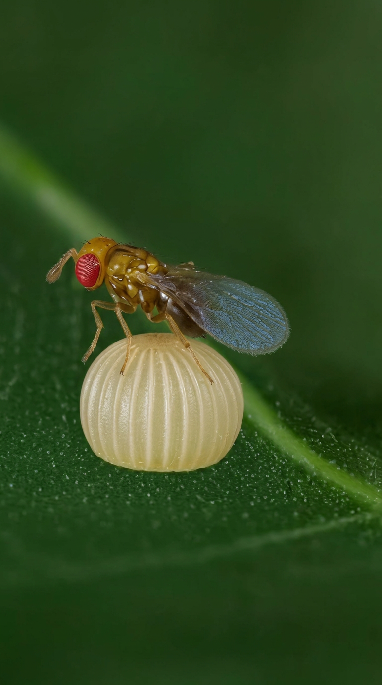 Vespa parasitoide sobre ovo de praga, exemplo de controle biológico