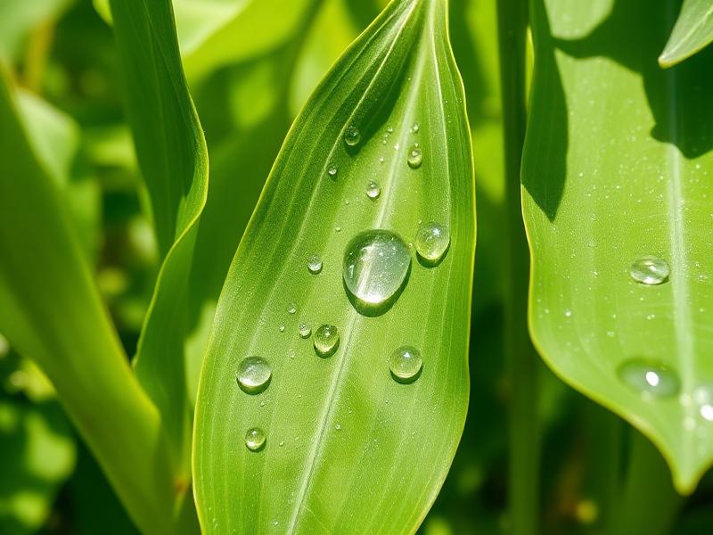 Gotas de aplicação foliar sobre folhas verdes saudáveis